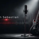 Noah Sebastian themed illustration featuring a studio microphone, electric guitar, amplifier, vinyl record, and soundwave on a dark concert-style background.