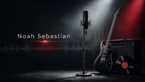 Noah Sebastian themed illustration featuring a studio microphone, electric guitar, amplifier, vinyl record, and soundwave on a dark concert-style background.