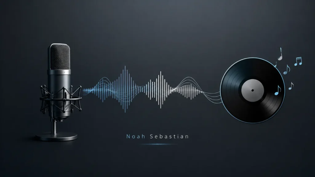 Minimalist Noah Sebastian illustration with a modern studio microphone, flowing music waveform, and vinyl record on a dark gradient background.