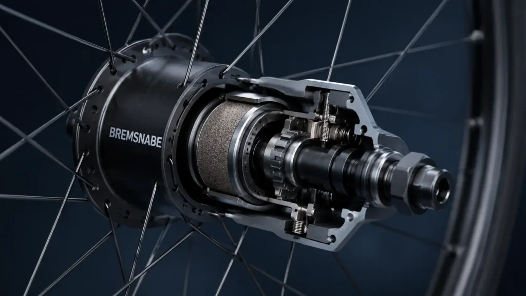 Close-up cutaway view of a bicycle Bremsnabe (brake hub) integrated into a wheel, showing the internal braking mechanism with a modern dark navy design and studio lighting.