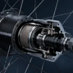 Close-up cutaway view of a bicycle Bremsnabe (brake hub) integrated into a wheel, showing the internal braking mechanism with a modern dark navy design and studio lighting.