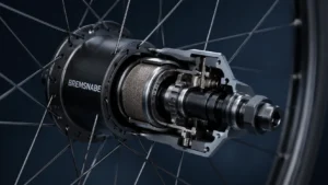Close-up cutaway view of a bicycle Bremsnabe (brake hub) integrated into a wheel, showing the internal braking mechanism with a modern dark navy design and studio lighting.
