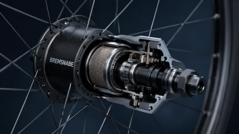 Close-up cutaway view of a bicycle Bremsnabe (brake hub) integrated into a wheel, showing the internal braking mechanism with a modern dark navy design and studio lighting.
