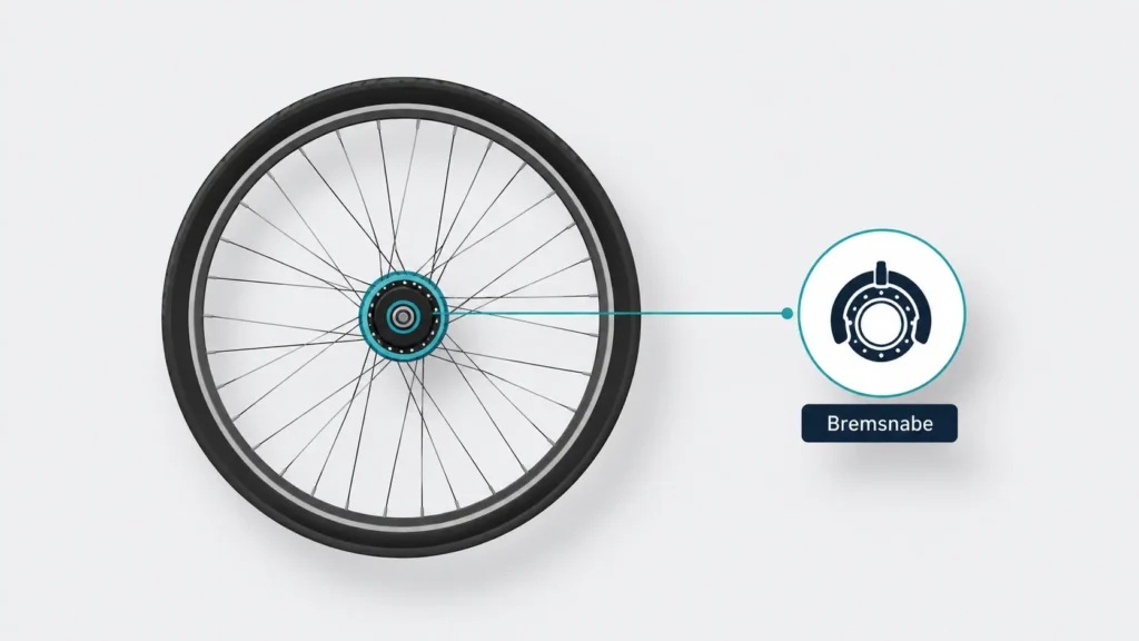 Minimalist illustration of a bicycle wheel highlighting the Bremsnabe at the center, connected to a simple brake icon on a clean light gray background.