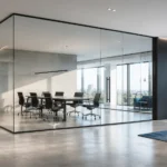 Modern office interior featuring frameless volglaswanden (full glass walls) that divide workspaces while maximizing natural light and maintaining an open, contemporary design.