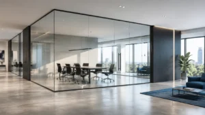 Modern office interior featuring frameless volglaswanden (full glass walls) that divide workspaces while maximizing natural light and maintaining an open, contemporary design.