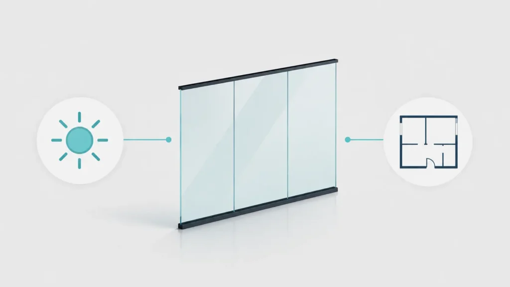 Minimalist illustration of volglaswanden showing a frameless glass wall, natural light icon, and floor plan outline connected in a clean modern design.