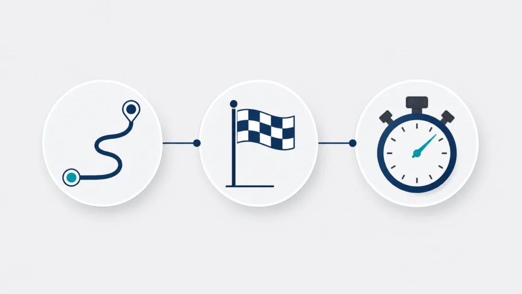 Simple flat-design landscape illustration featuring a marathon route line, a finish flag, and a stopwatch connected by clean lines, representing marathon achievement and record-breaking performance on a light gray background.