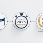 Minimalist landscape illustration showing a marathon finish line ribbon, a stopwatch symbolizing a record-breaking marathon time, and a world record icon inside a laurel wreath connected by thin lines on a light gray background.