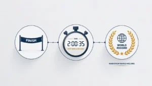 Minimalist landscape illustration showing a marathon finish line ribbon, a stopwatch symbolizing a record-breaking marathon time, and a world record icon inside a laurel wreath connected by thin lines on a light gray background.