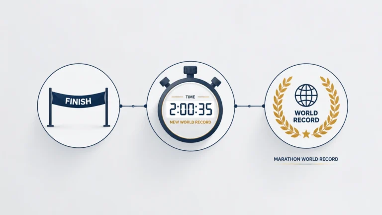Minimalist landscape illustration showing a marathon finish line ribbon, a stopwatch symbolizing a record-breaking marathon time, and a world record icon inside a laurel wreath connected by thin lines on a light gray background.