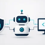 Professional flat vector illustration of a modern robot connected to a cybersecurity shield and a computer monitor with code symbols, representing technology, digital security, and automation on a clean light gray background.