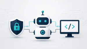 Professional flat vector illustration of a modern robot connected to a cybersecurity shield and a computer monitor with code symbols, representing technology, digital security, and automation on a clean light gray background.