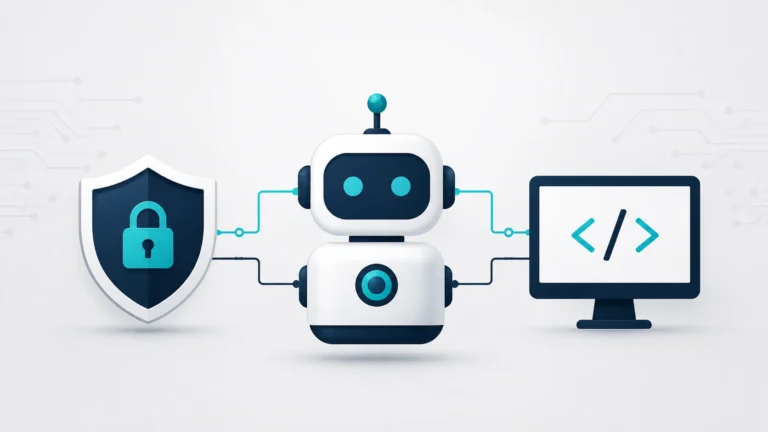 Professional flat vector illustration of a modern robot connected to a cybersecurity shield and a computer monitor with code symbols, representing technology, digital security, and automation on a clean light gray background.