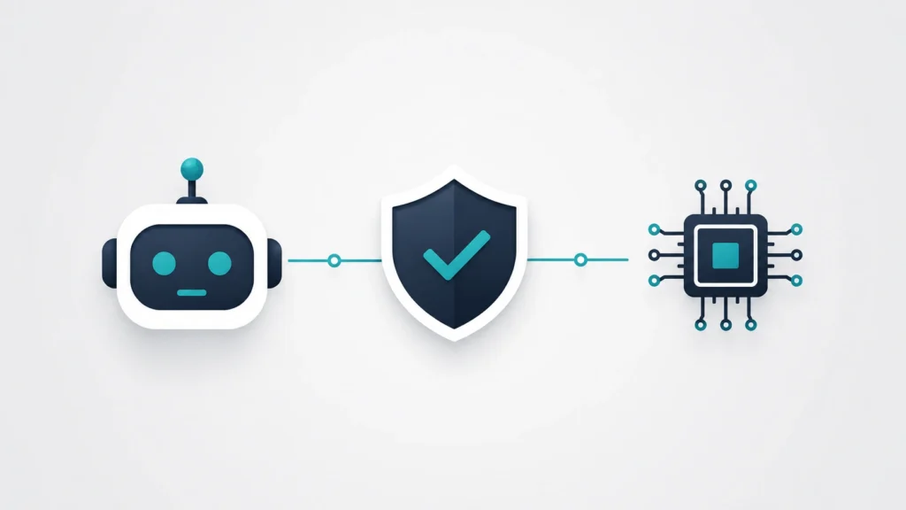 Minimalist vector illustration showing a robot head, a security shield, and a microchip connected by thin lines, representing robotics, cybersecurity, and artificial intelligence on a light gray background.