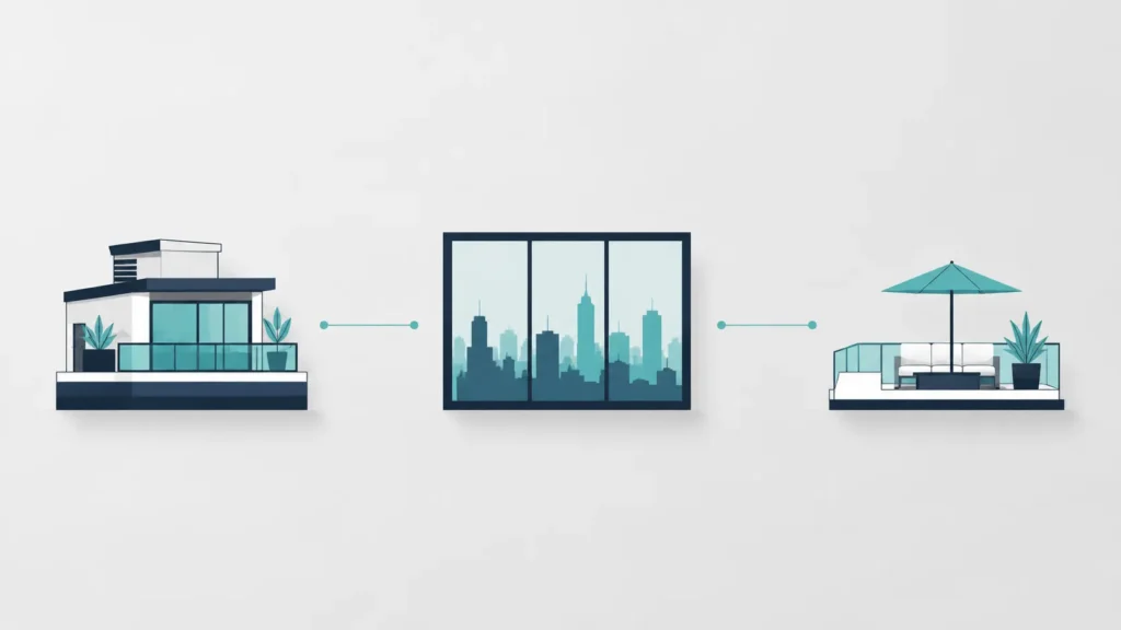 Minimalist illustration of a penthausi featuring a rooftop apartment icon, panoramic city-view window, and private terrace icon connected by clean lines on a light gray background.