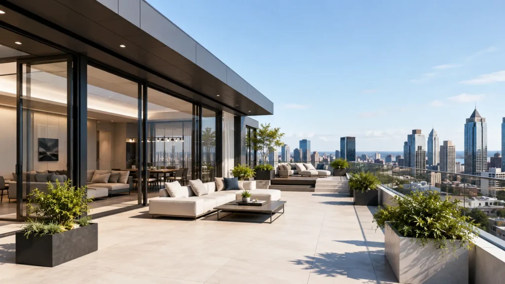 Modern luxury penthouse on the rooftop of a contemporary high-rise with a spacious private terrace, floor-to-ceiling glass windows, landscaped seating areas, and panoramic city skyline views in bright daylight.