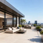 Modern luxury penthouse on the rooftop of a contemporary high-rise with a spacious private terrace, floor-to-ceiling glass windows, landscaped seating areas, and panoramic city skyline views in bright daylight.