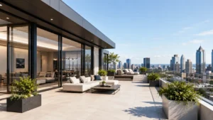 Modern luxury penthouse on the rooftop of a contemporary high-rise with a spacious private terrace, floor-to-ceiling glass windows, landscaped seating areas, and panoramic city skyline views in bright daylight.