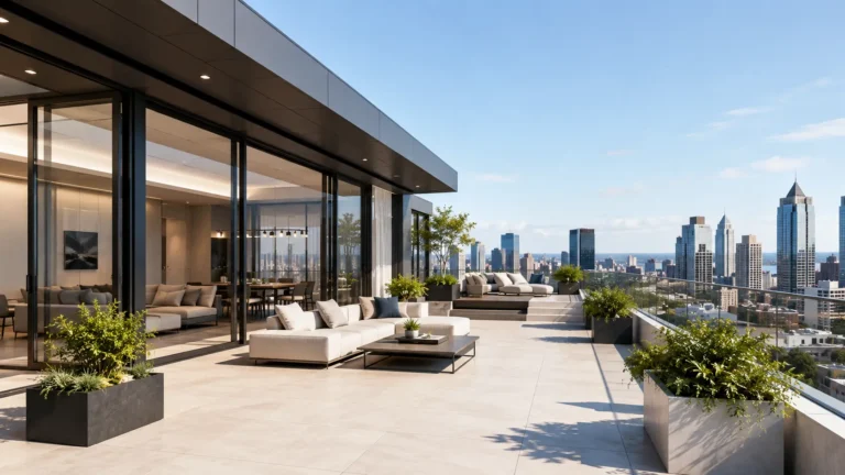 Modern luxury penthouse on the rooftop of a contemporary high-rise with a spacious private terrace, floor-to-ceiling glass windows, landscaped seating areas, and panoramic city skyline views in bright daylight.