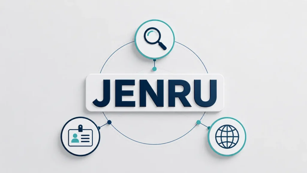 Professional minimalist landscape illustration featuring the word "JENRU" centered with connected search, identity, and globe icons, representing the meaning, identity, and online presence of the term.