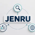 Professional minimalist landscape illustration featuring the word "JENRU" centered with connected search, identity, and globe icons, representing the meaning, identity, and online presence of the term.