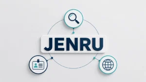 Professional minimalist landscape illustration featuring the word "JENRU" centered with connected search, identity, and globe icons, representing the meaning, identity, and online presence of the term.