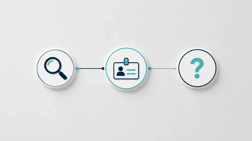 Simple minimalist landscape illustration showing connected search, name tag, and question mark icons, symbolizing searching for the meaning and identity of Jenru.
