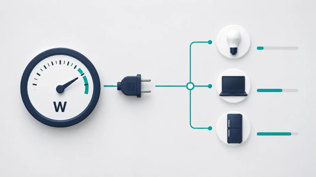 Minimalist illustration showing a power meter marked with “W” connected by an electrical plug to icons of an LED bulb, laptop, and refrigerator, representing different levels of electrical power consumption.