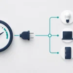Minimalist illustration showing a power meter marked with “W” connected by an electrical plug to icons of an LED bulb, laptop, and refrigerator, representing different levels of electrical power consumption.