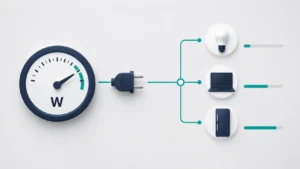 Minimalist illustration showing a power meter marked with “W” connected by an electrical plug to icons of an LED bulb, laptop, and refrigerator, representing different levels of electrical power consumption.