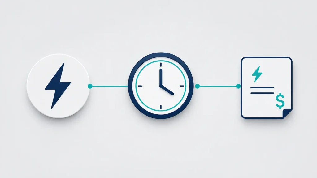 Simple minimalist Wattios diagram showing a lightning bolt, clock, and electricity bill connected in sequence to explain how electrical power and usage time affect energy consumption and electricity costs.