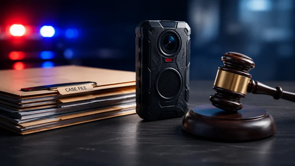 Noah Betz illustration showing a police body camera, case file folder, and judge's gavel representing public records, police investigations, and legal proceedings.