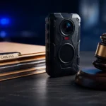 Noah Betz illustration showing a police body camera, case file folder, and judge's gavel representing public records, police investigations, and legal proceedings.