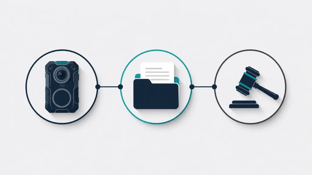 Minimalist Noah Betz illustration featuring a police body camera, document folder, and courthouse gavel connected to represent public records and legal proceedings.