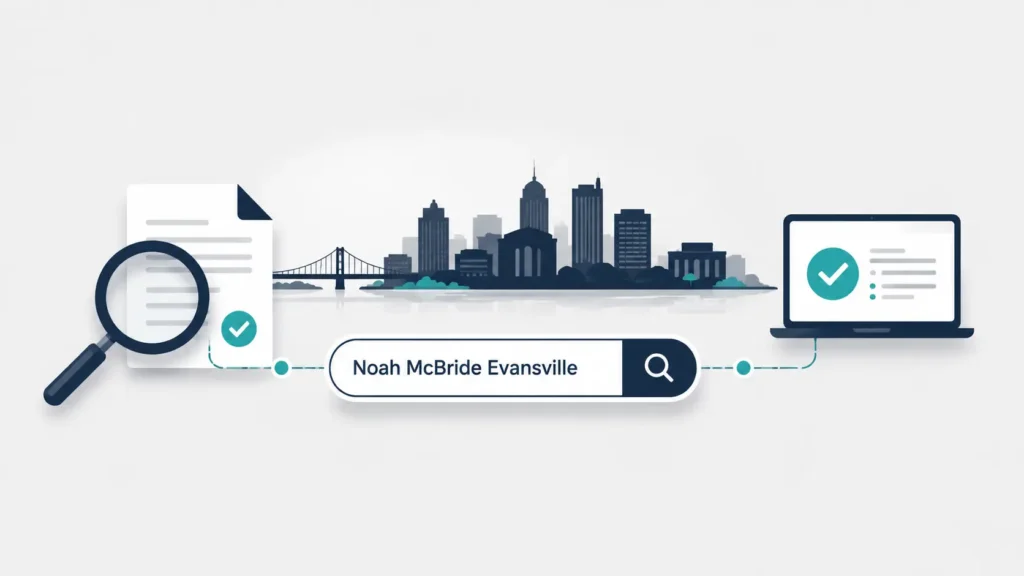 Noah McBride Evansville minimalist illustration showing an Evansville city skyline, a magnifying glass over a verified document, and a search bar, representing online research and public information.