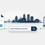 Noah McBride Evansville minimalist illustration showing an Evansville city skyline, a magnifying glass over a verified document, and a search bar, representing online research and public information.
