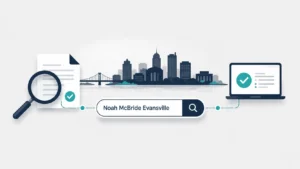 Noah McBride Evansville minimalist illustration showing an Evansville city skyline, a magnifying glass over a verified document, and a search bar, representing online research and public information.
