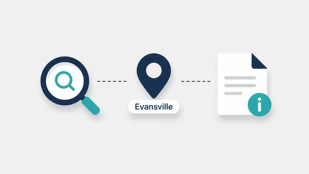 Simple Noah McBride Evansville flat-design illustration featuring a search icon, an Evansville location pin, and an information document, symbolizing public records and online search.