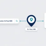 Alex Palmetier St Paul MN minimalist illustration showing a digital search bar, a St. Paul, MN location pin, and a verified public records document connected to represent identity verification and public information research.