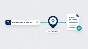 Alex Palmetier St Paul MN minimalist illustration showing a digital search bar, a St. Paul, MN location pin, and a verified public records document connected to represent identity verification and public information research.