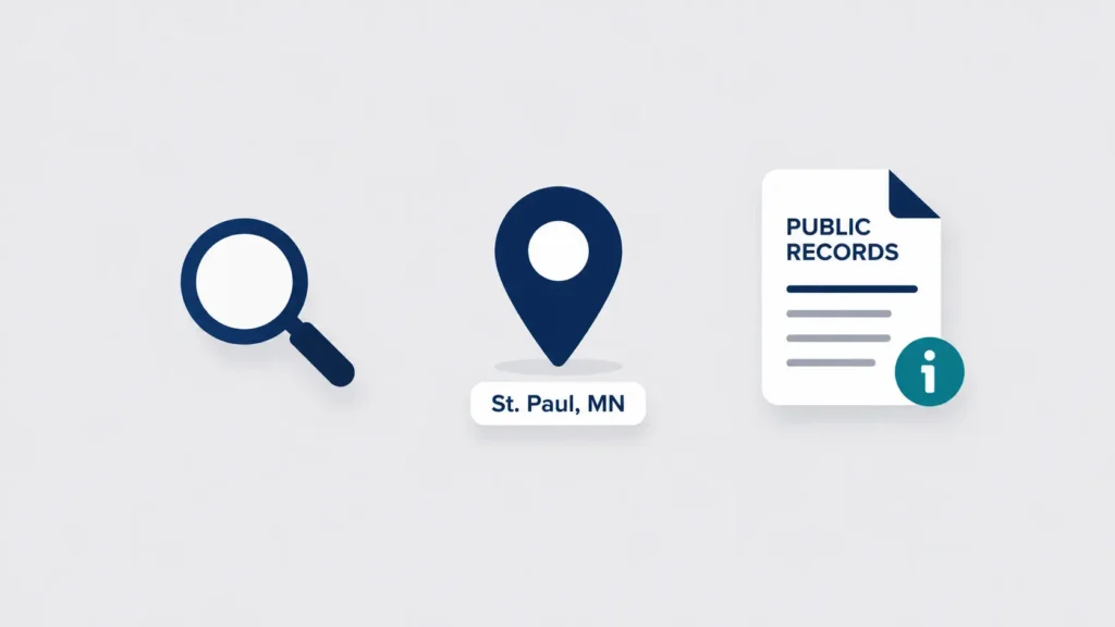 Simple Alex Palmetier St Paul MN flat-design illustration featuring a search icon, a St. Paul, MN location pin, and a public records document with an information icon on a clean minimalist background.