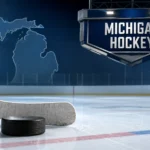 Alex Green Hockey Michigan featured illustration showing a hockey stick and puck on an ice rink with a Michigan state outline and a "Michigan Hockey" scoreboard in a clean 16:9 landscape design.