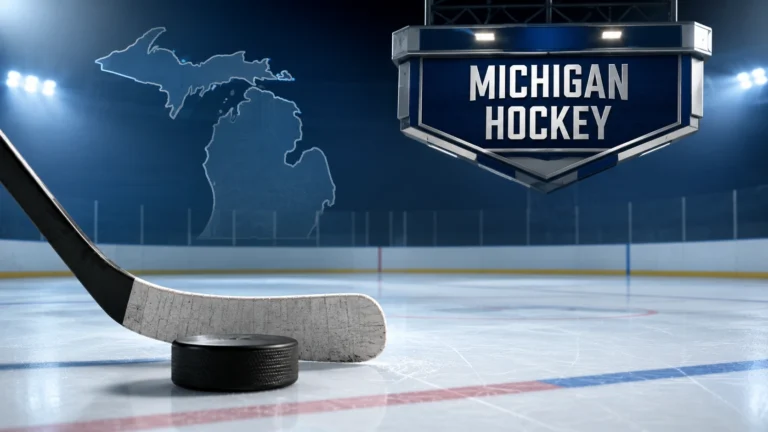 Alex Green Hockey Michigan featured illustration showing a hockey stick and puck on an ice rink with a Michigan state outline and a "Michigan Hockey" scoreboard in a clean 16:9 landscape design.