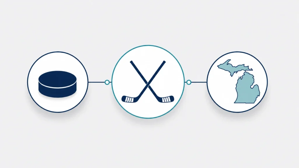 Alex Green Hockey Michigan minimalist illustration featuring a hockey puck, crossed hockey sticks, and the outline of Michigan connected by simple lines on a light gray background in a 16:9 landscape layout.