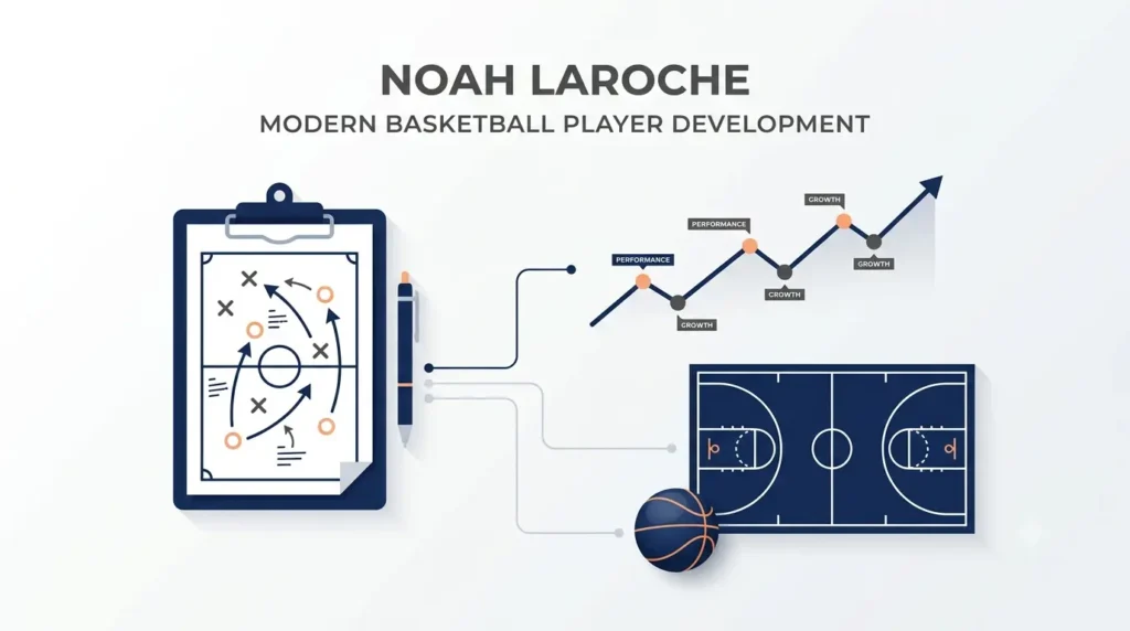 Noah LaRoche basketball coaching illustration showing a tactical clipboard, basketball half-court strategy, and player development analytics in a clean professional design.