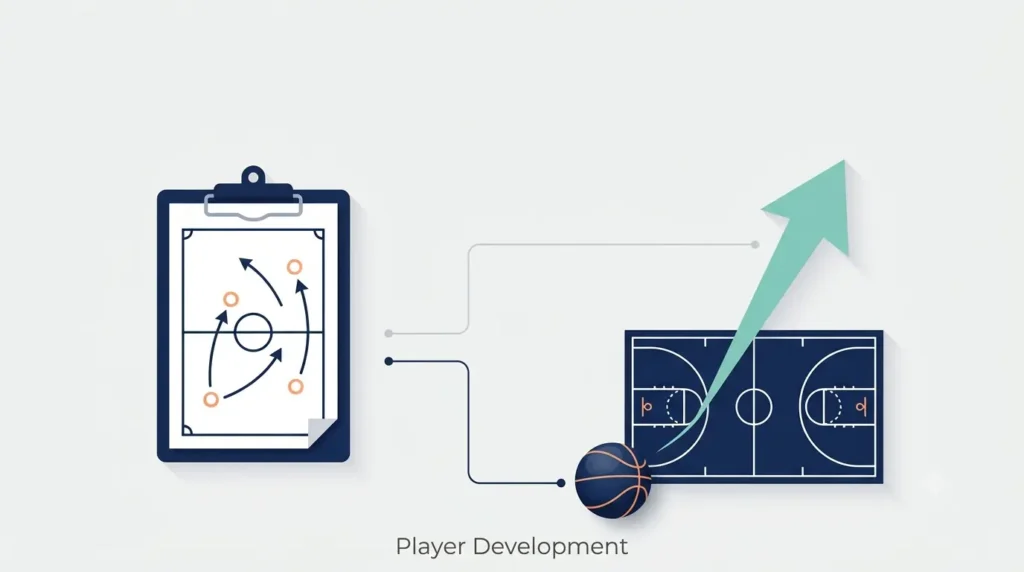 Minimalist Noah LaRoche illustration featuring a basketball coaching clipboard, basketball, and strategy arrow toward a hoop representing modern player development.