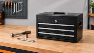 GearWrench 3 Drawer Tool Box 83151 black steel toolbox with silver drawer handles and hand tools on a workshop workbench.
