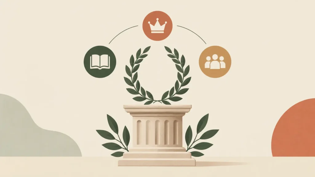 Thomas Carlyle Great Man Theory represented by minimalist symbols of leadership, historical writing, and social change.