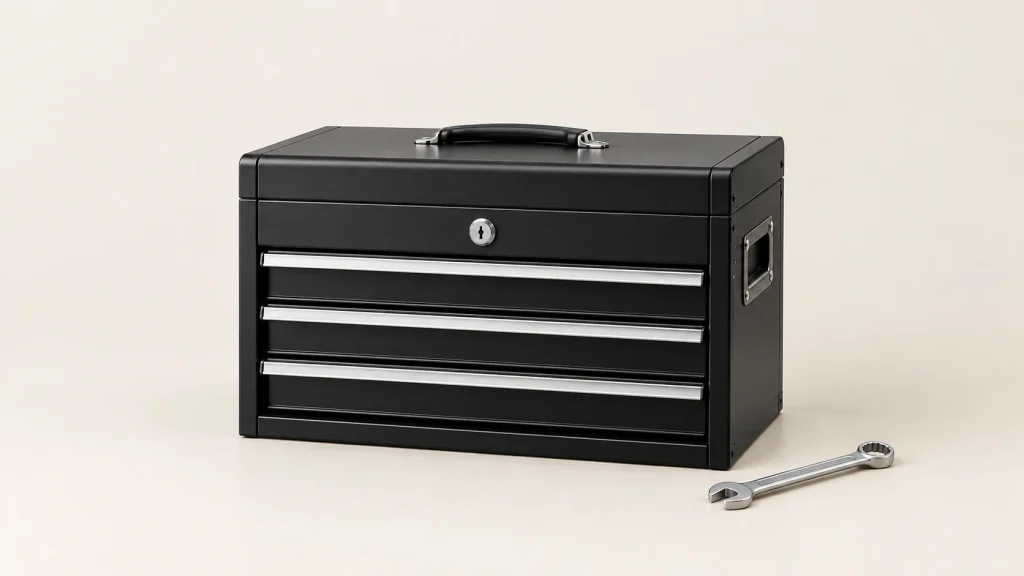 GearWrench 3 Drawer Tool Box 83151 featuring a compact black metal design with three drawers and a silver wrench on an off-white background.